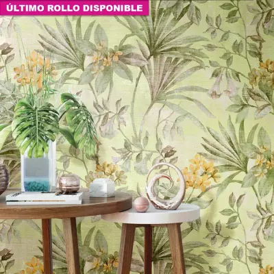Papel pintado hojas tropicales verdes y flores amarillas LiA 167305